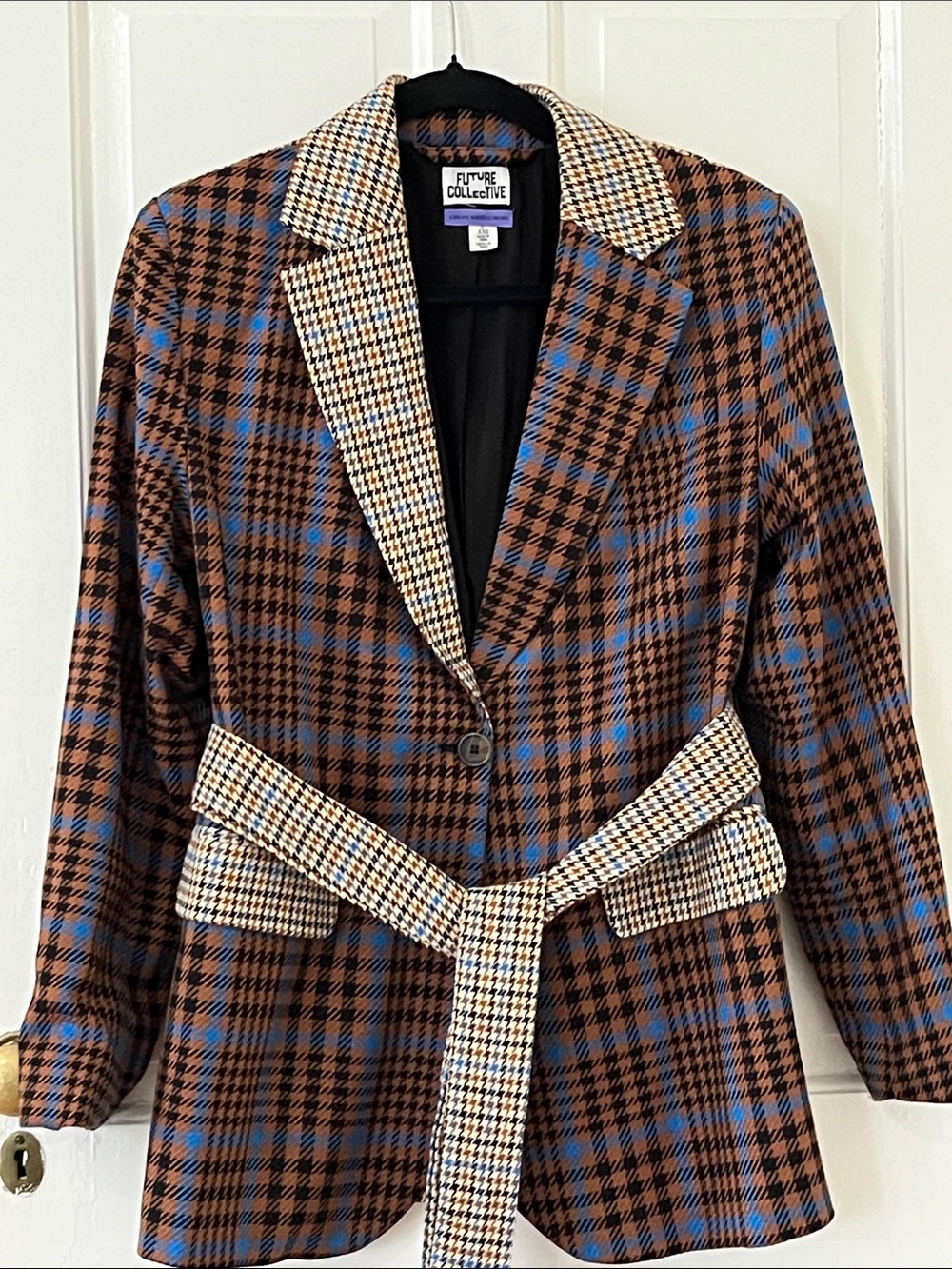 KBB for Khalana Future Collective Brown & Blue Plaid Belted Blazer